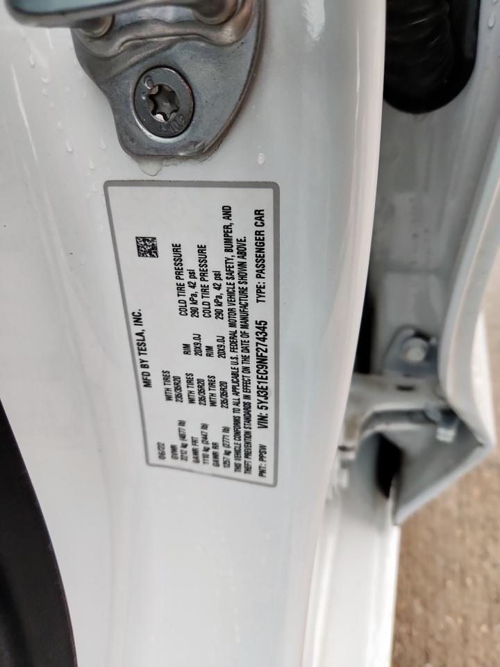 2022 Tesla Model 3 VIN: 5YJ3E1EC9NF274345 Lot: 94004615