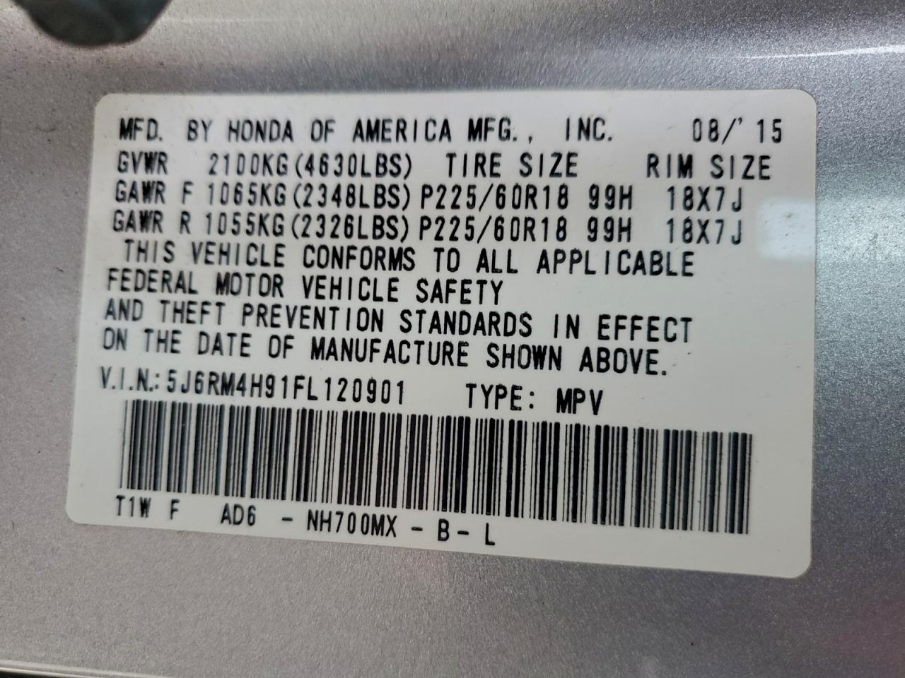 2015 Honda Cr-V Touring VIN: 5J6RM4H91FL120901 Lot: 93816995