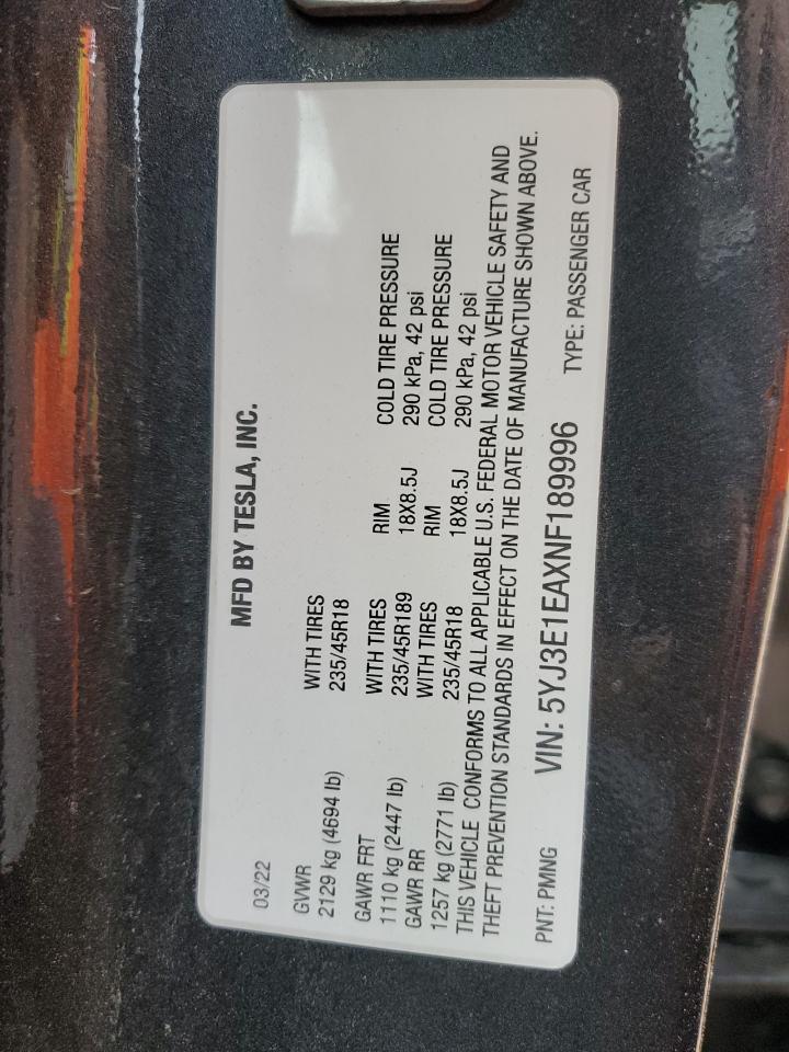 2022 Tesla Model 3 VIN: 5YJ3E1EAXNF189996 Lot: 90642805