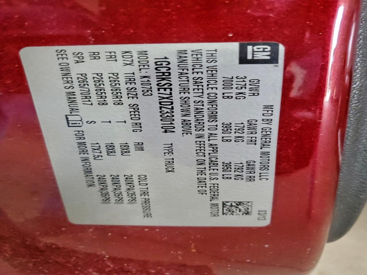 2013 Chevrolet Silverado K1500 Lt VIN: 1GCRKSE7XDZ330104 Lot: 94192915