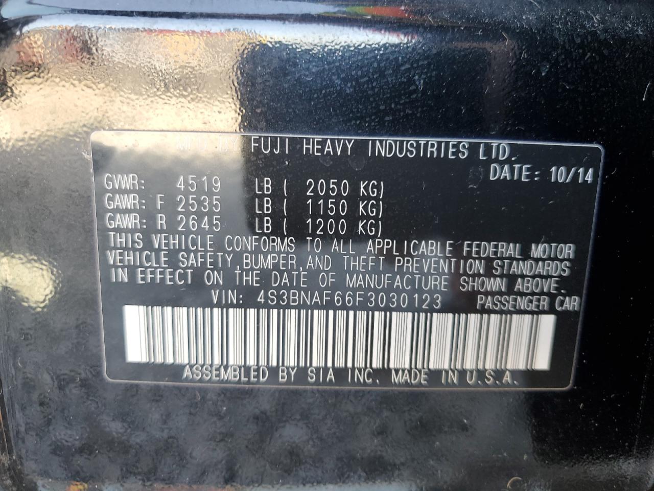 2015 Subaru Legacy 2.5I Premium VIN: 4S3BNAF66F3030123 Lot: 92905245