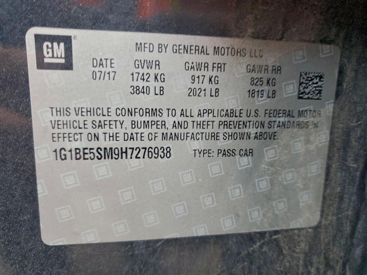 2017 Chevrolet Cruze Lt VIN: 1G1BE5SM9H7276938 Lot: 92764405