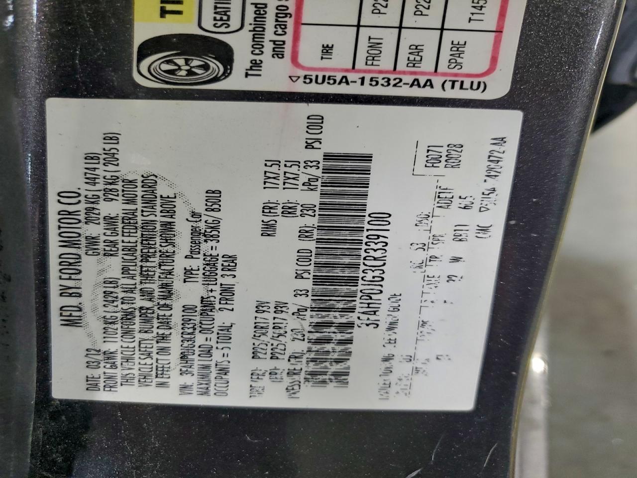 2012 Ford Fusion Sel VIN: 3FAHP0JG3CR339100 Lot: 94653405