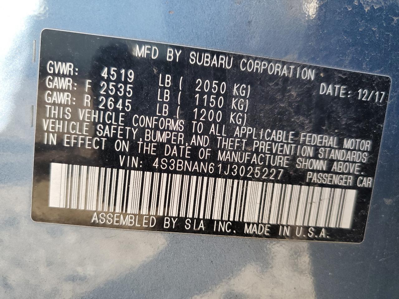 2018 Subaru Legacy 2.5I Limited VIN: 4S3BNAN61J3025227 Lot: 91068195