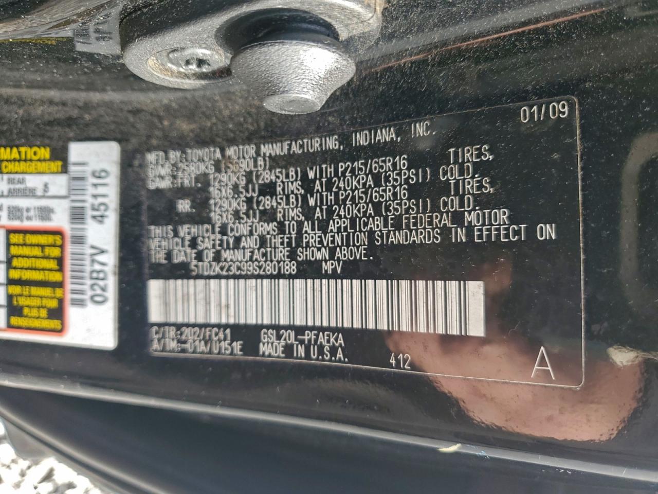 2009 Toyota Sienna Ce VIN: 5TDZK23C99S280188 Lot: 93279505