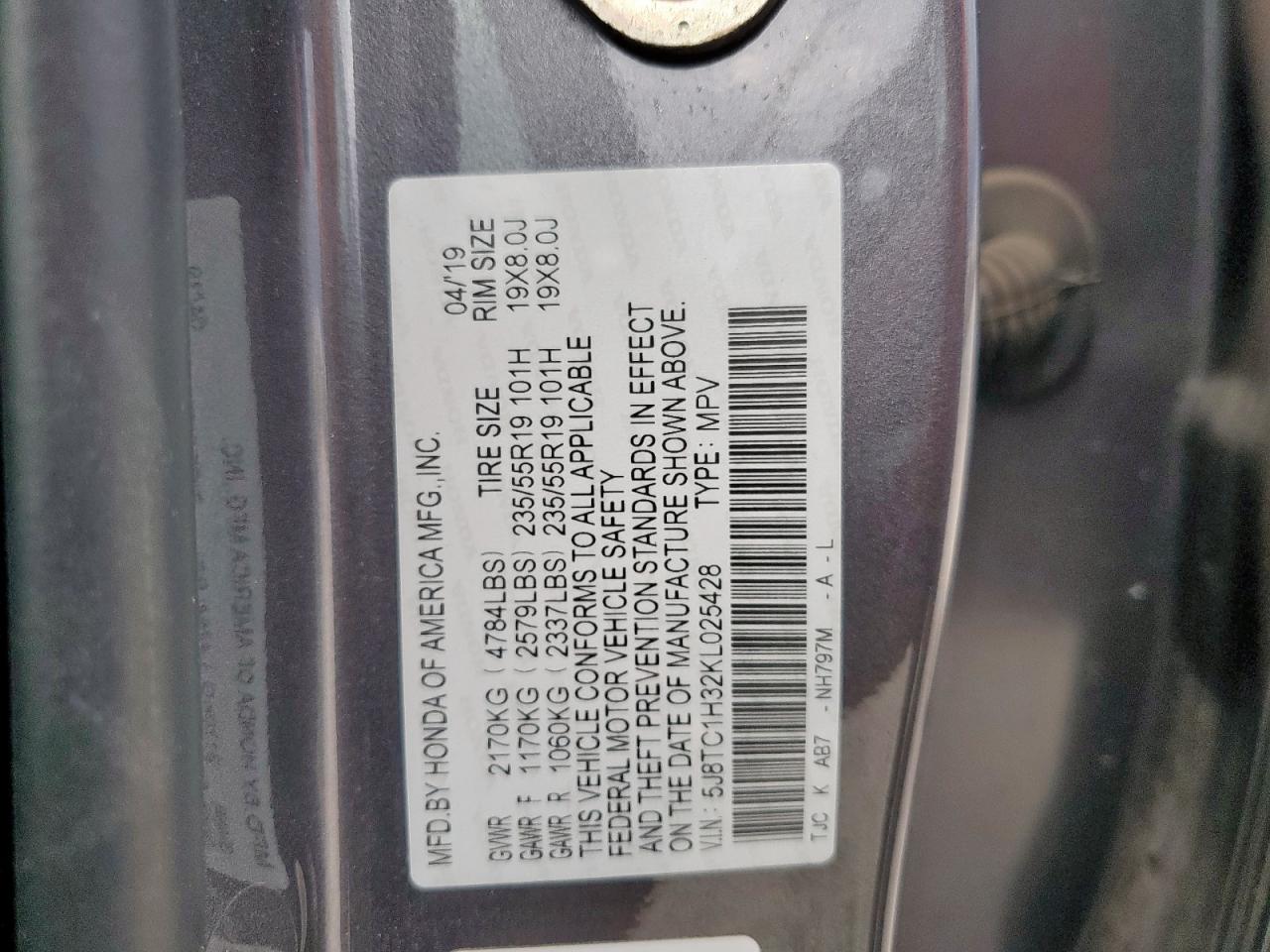 2019 Acura Rdx VIN: 5J8TC1H32KL025428 Lot: 93437175