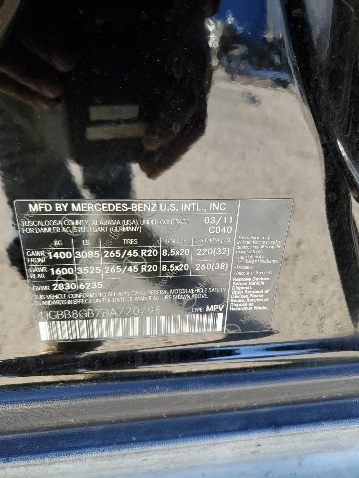 2011 Mercedes-Benz Ml 350 4Matic VIN: 4JGBB8GB7BA720798 Lot: 92614835