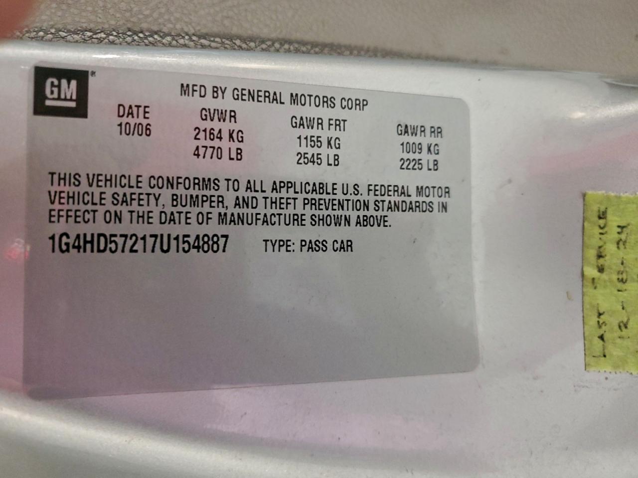 2007 Buick Lucerne Cxl VIN: 1G4HD57217U154887 Lot: 93950135