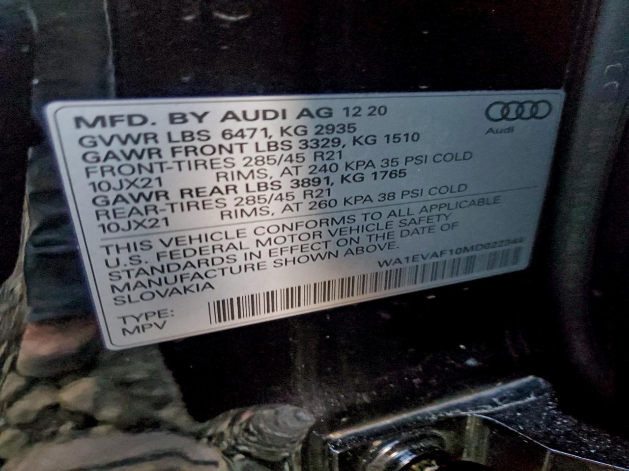 2021 Audi Q8 Premium Plus S-Line VIN: WA1EVAF10MD022344 Lot: 94339075