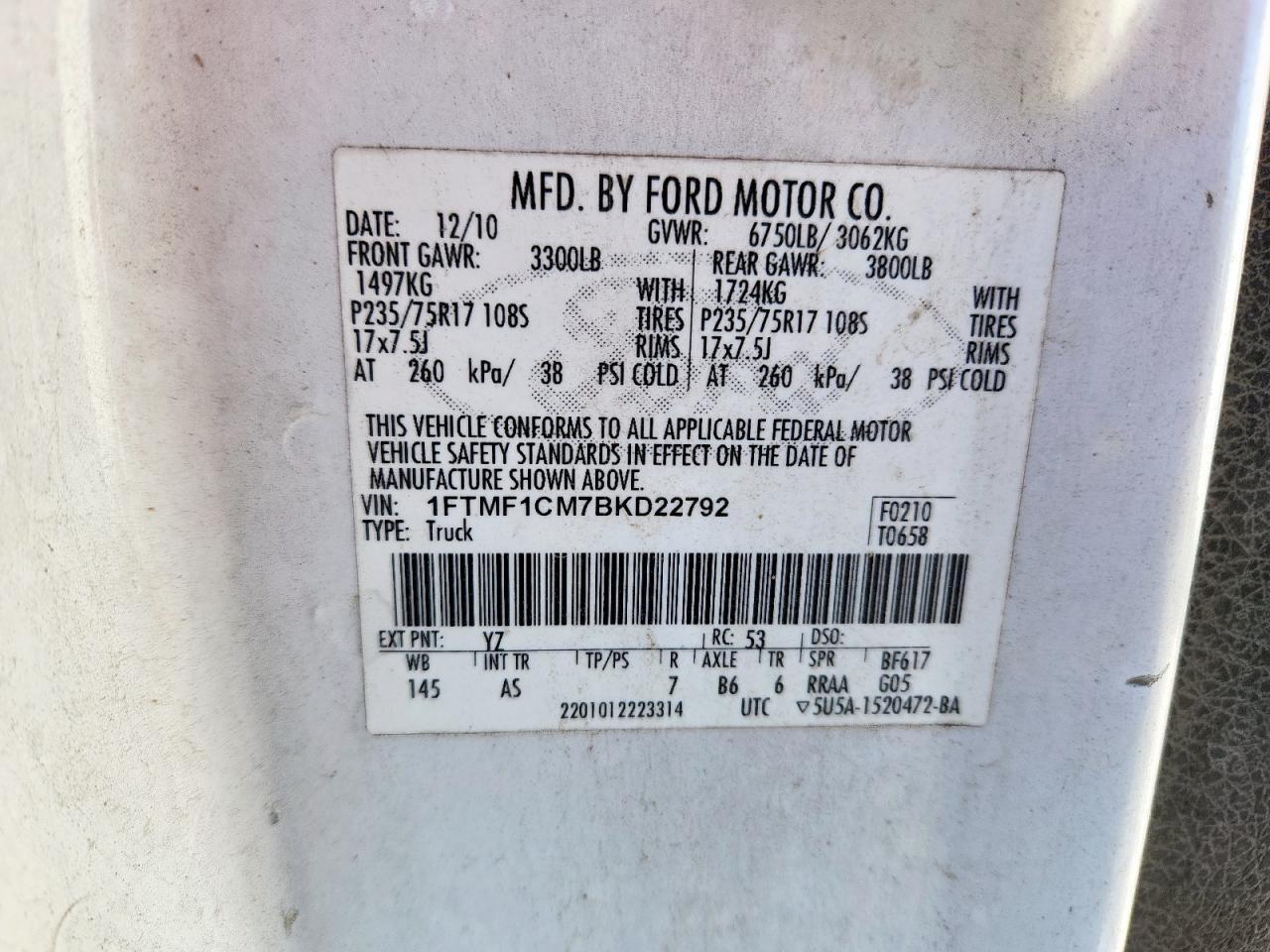 2011 Ford F150 VIN: 1FTMF1CM7BKD22792 Lot: 91903555