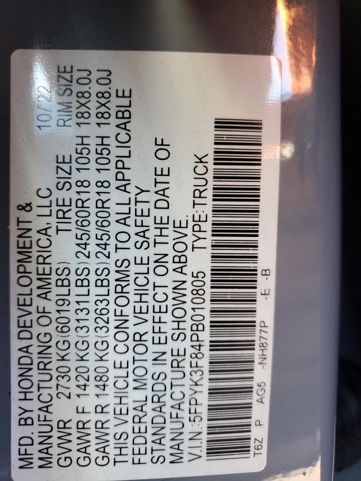 2023 Honda Ridgeline Black Edition VIN: 5FPYK3F84PB010805 Lot: 93122295