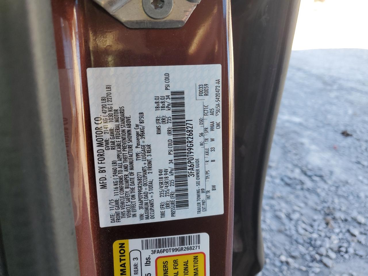 2016 Ford Fusion Se VIN: 3FA6P0T99GR268271 Lot: 90315865