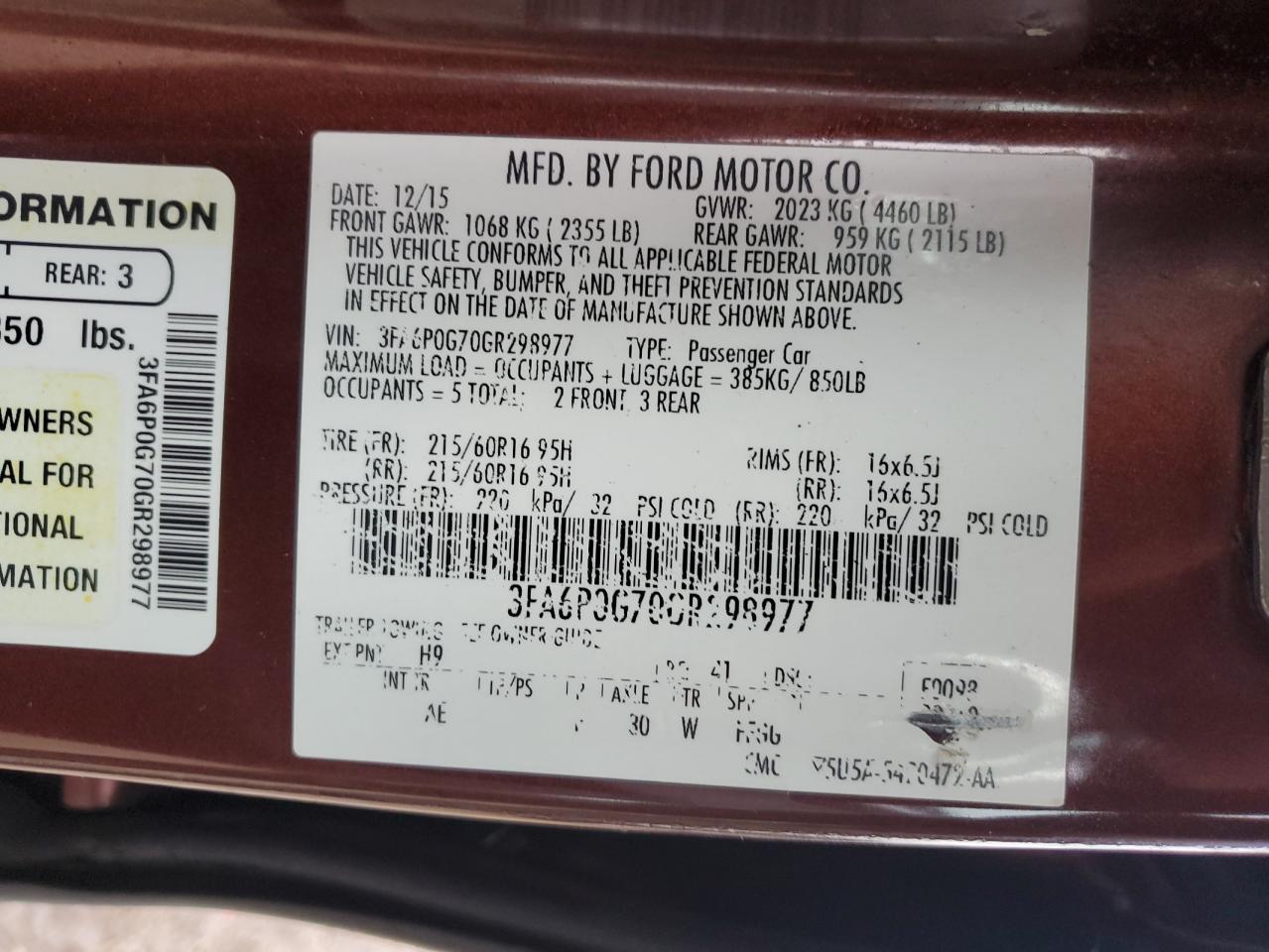 2016 Ford Fusion S VIN: 3FA6P0G70GR298977 Lot: 92627665