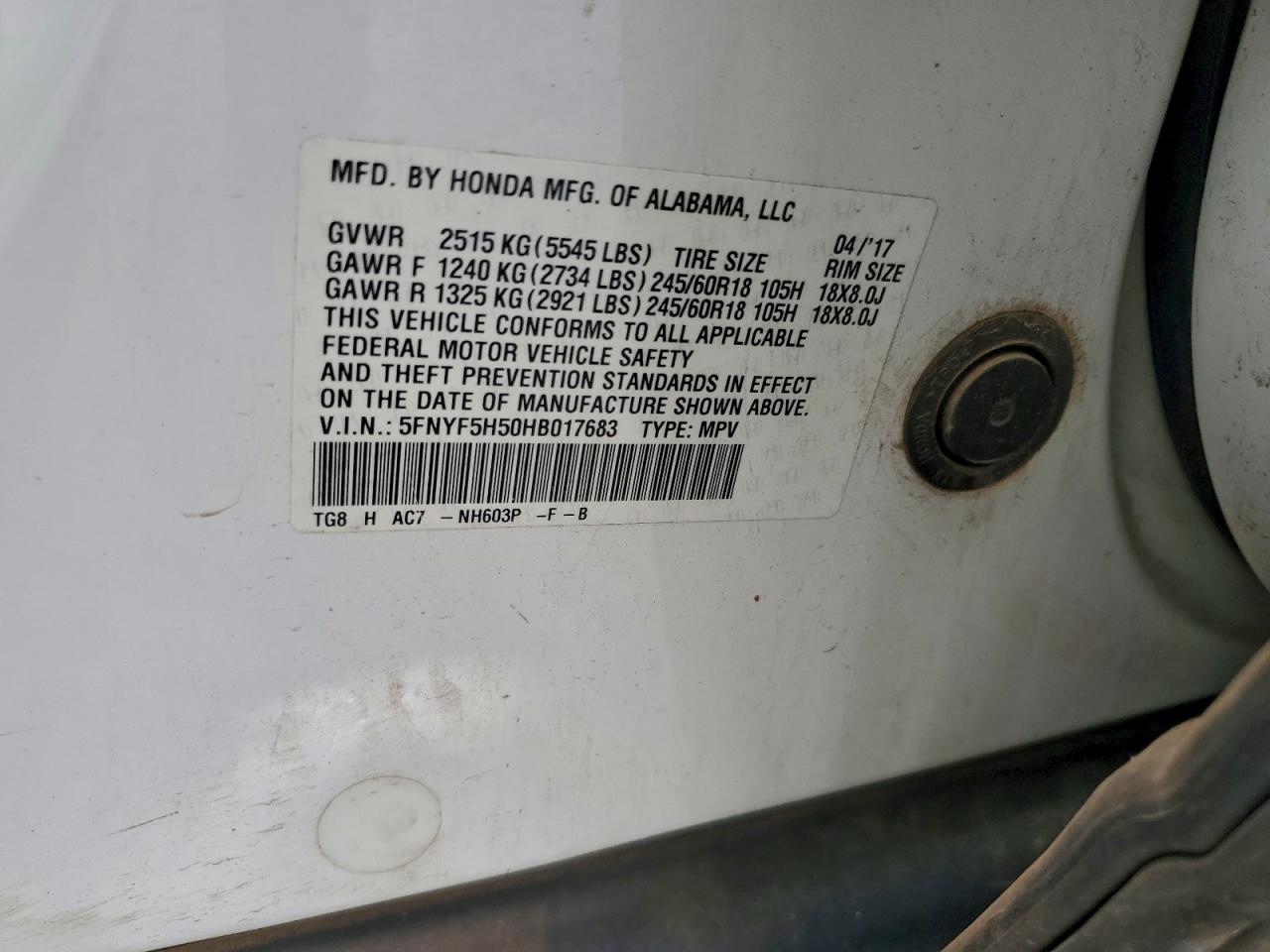 2017 Honda Pilot Exl VIN: 5FNYF5H50HB017683 Lot: 93686655