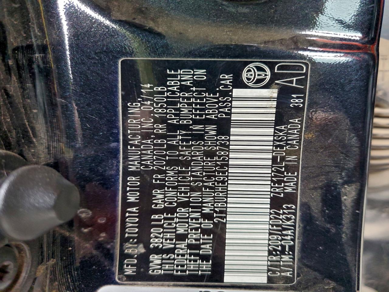 2014 Toyota Corolla L VIN: 2T1BURHE9EC158738 Lot: 93651675