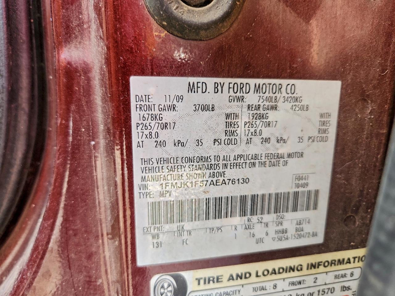 2010 Ford Expedition El Xlt VIN: 1FMJK1F57AEA76130 Lot: 94148925