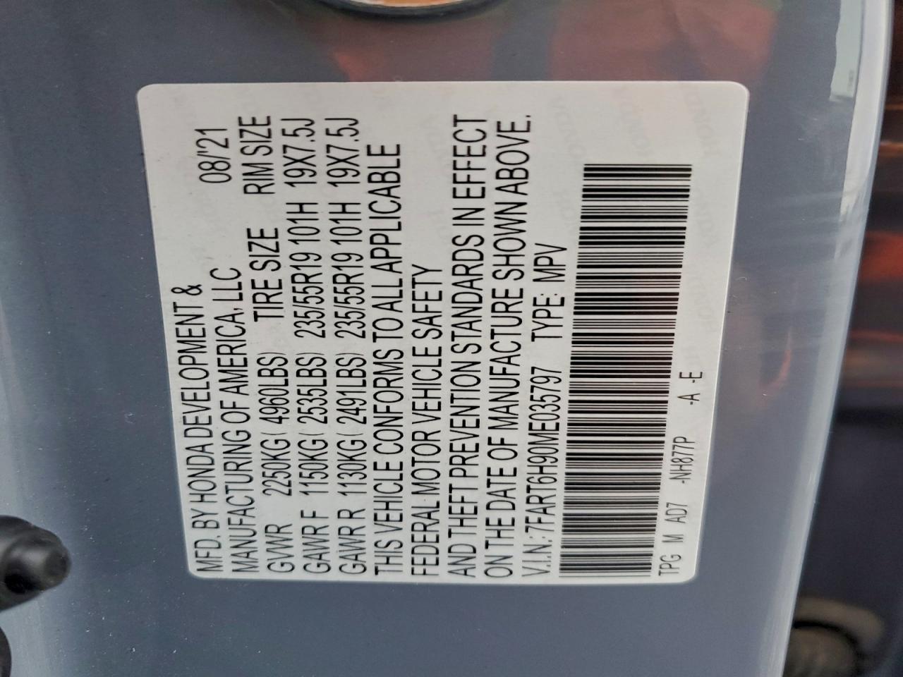 2021 Honda Cr-V Touring VIN: 7FART6H90ME035797 Lot: 93782975