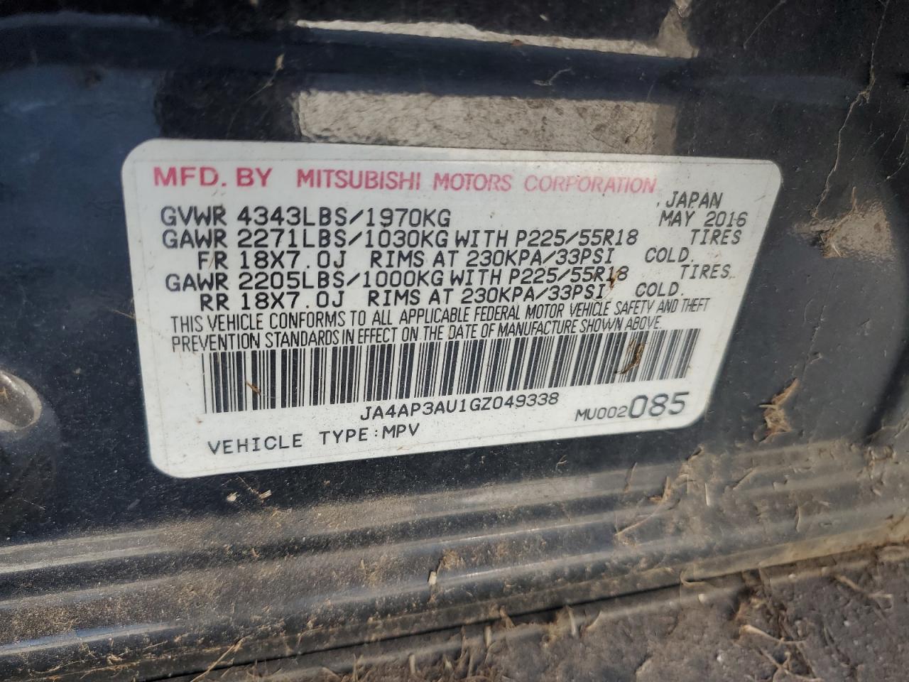 2016 Mitsubishi Outlander Sport Es VIN: JA4AP3AU1GZ049338 Lot: 93380965