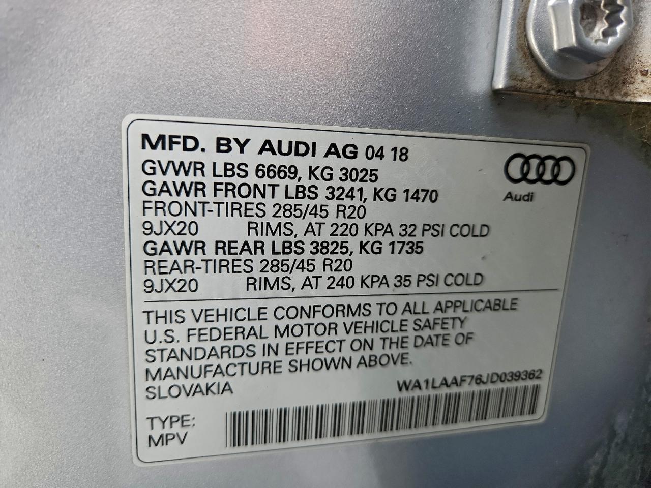 2018 Audi Q7 Premium Plus VIN: WA1LAAF76JD039362 Lot: 93769825