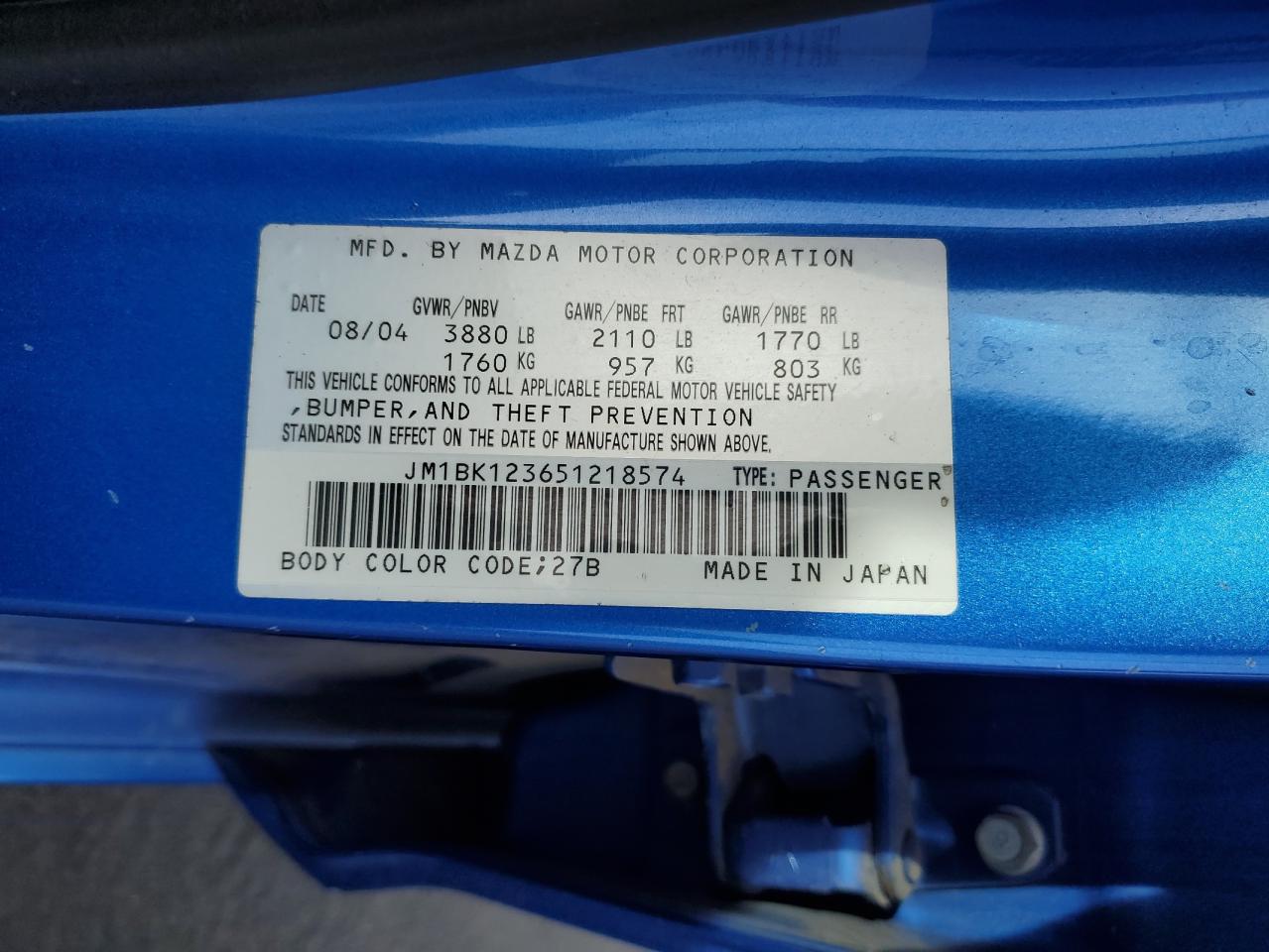 2005 Mazda 3 S VIN: JM1BK123651218574 Lot: 92255235