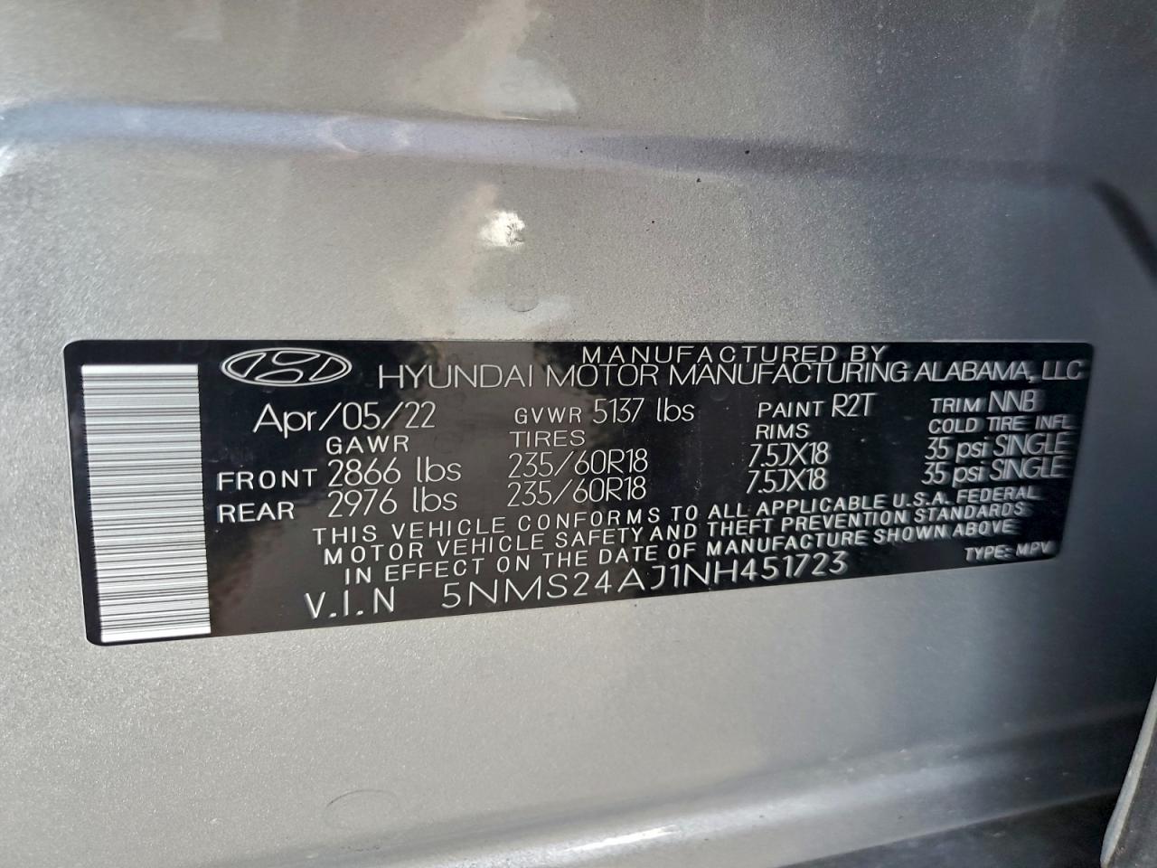 2022 Hyundai Santa Fe Sel VIN: 5NMS24AJ1NH451723 Lot: 93948765