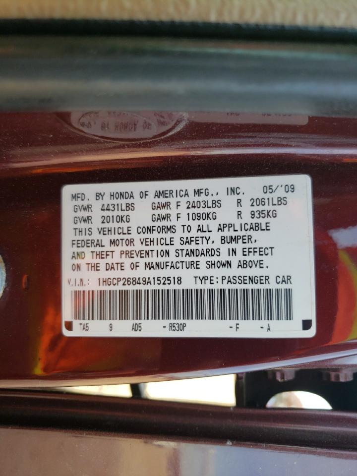 2009 Honda Accord Exl VIN: 1HGCP26849A152518 Lot: 93480275