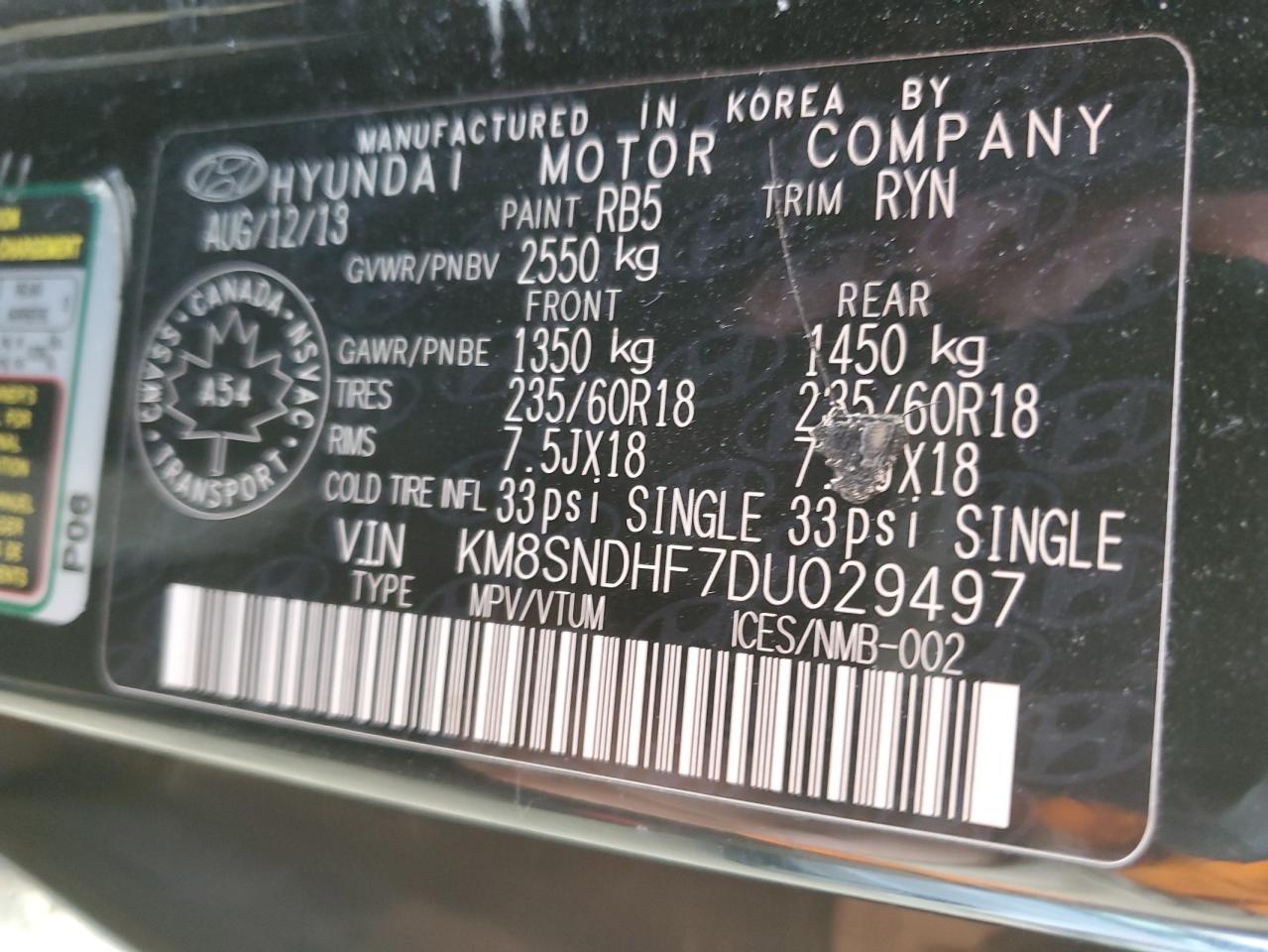 2013 Hyundai Santa Fe Gls VIN: KM8SNDHF7DU029497 Lot: 91646105