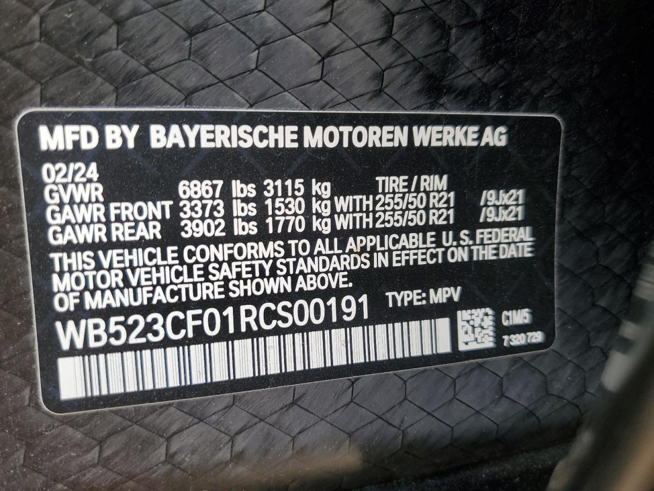2024 BMW Ix xDrive50 VIN: WB523CF01RCS00191 Lot: 92043345