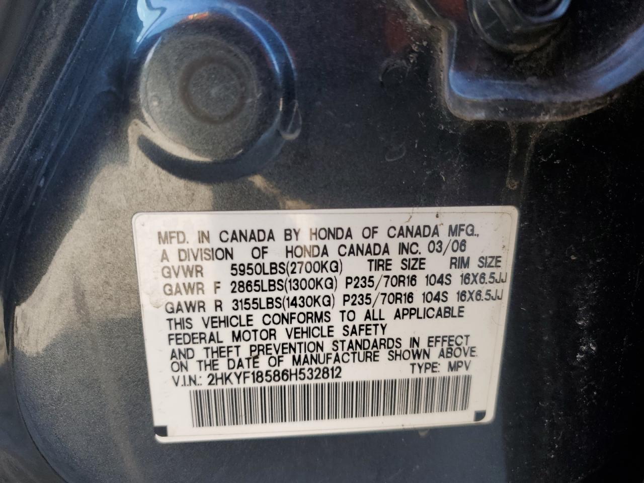 2006 Honda Pilot Ex VIN: 2HKYF18586H532812 Lot: 92573315