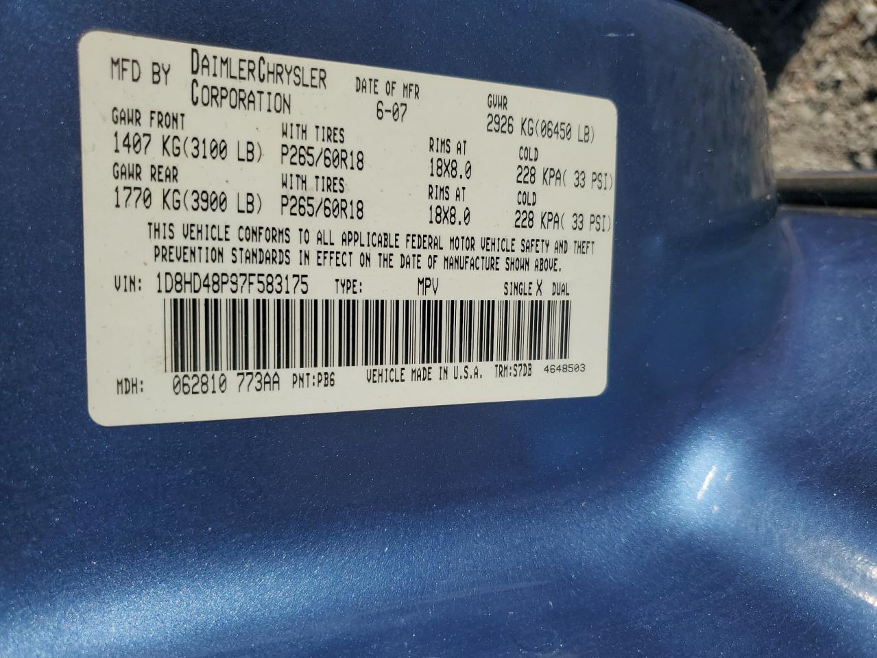 2007 Dodge Durango Slt VIN: 1D8HD48P97F583175 Lot: 93100135