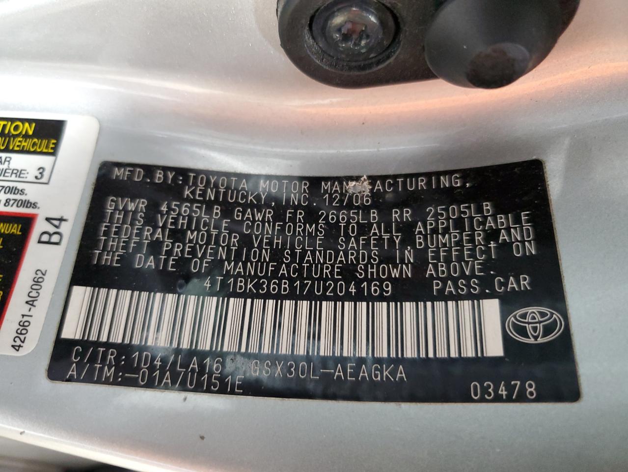 2007 Toyota Avalon Xl VIN: 4T1BK36B17U204169 Lot: 91229835