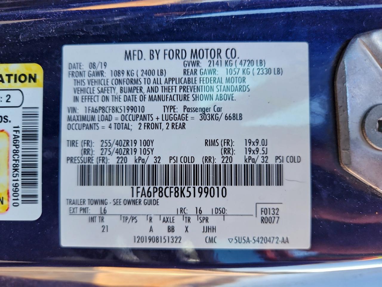 2019 Ford Mustang Gt VIN: 1FA6P8CF8K5199010 Lot: 94187615