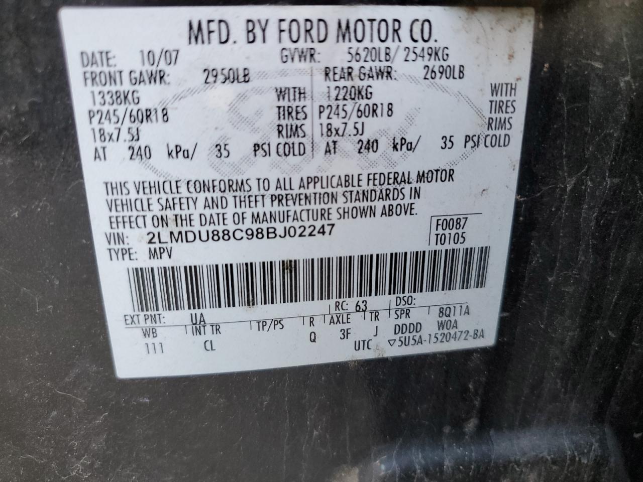 2008 Lincoln Mkx VIN: 2LMDU88C98BJ02247 Lot: 92383555