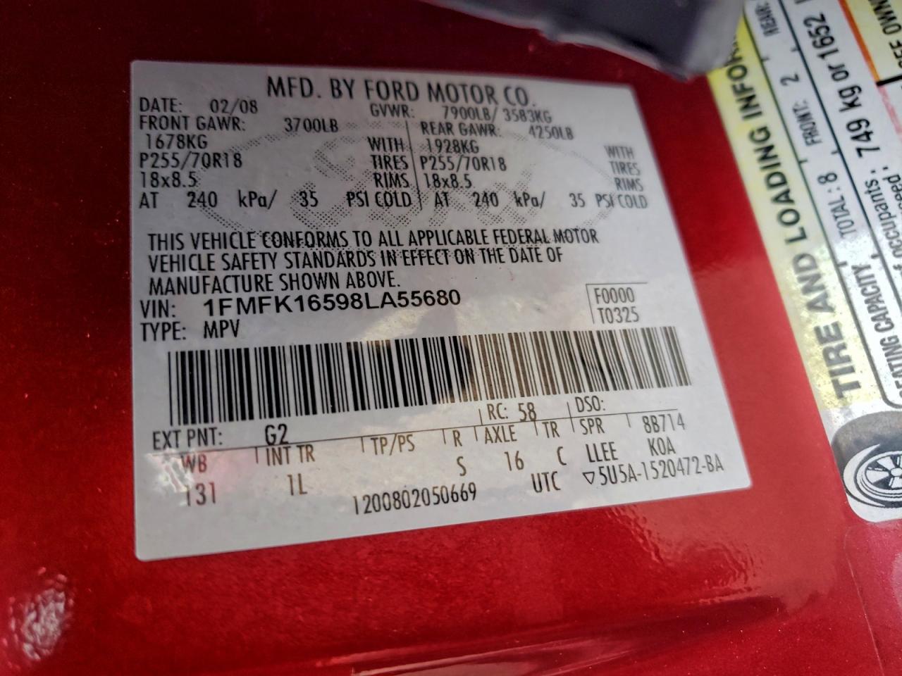 2008 Ford Expedition El Xlt VIN: 1FMFK16598LA55680 Lot: 93021035