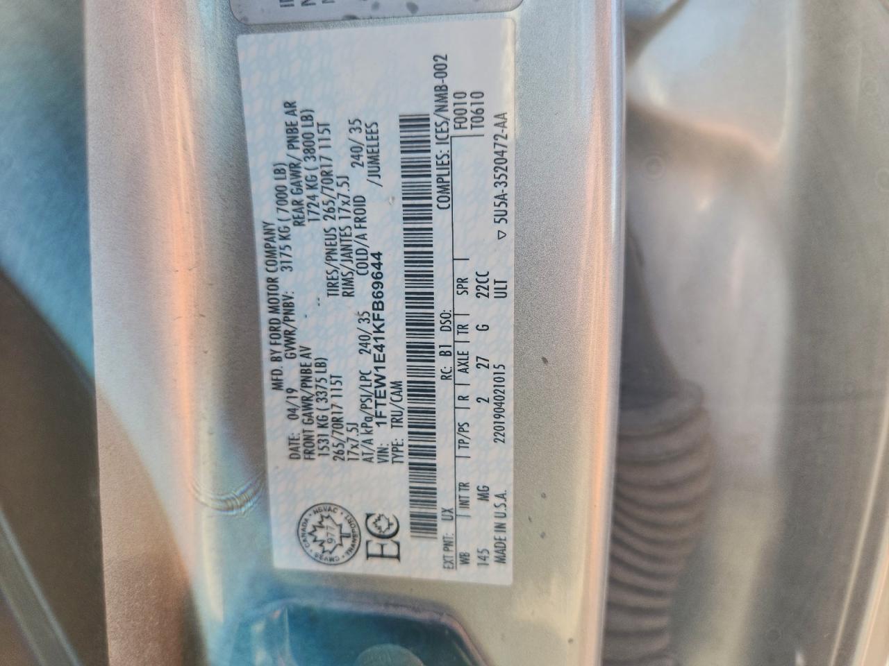 2019 Ford F150 Supercrew VIN: 1FTEW1E41KFB69644 Lot: 94184775