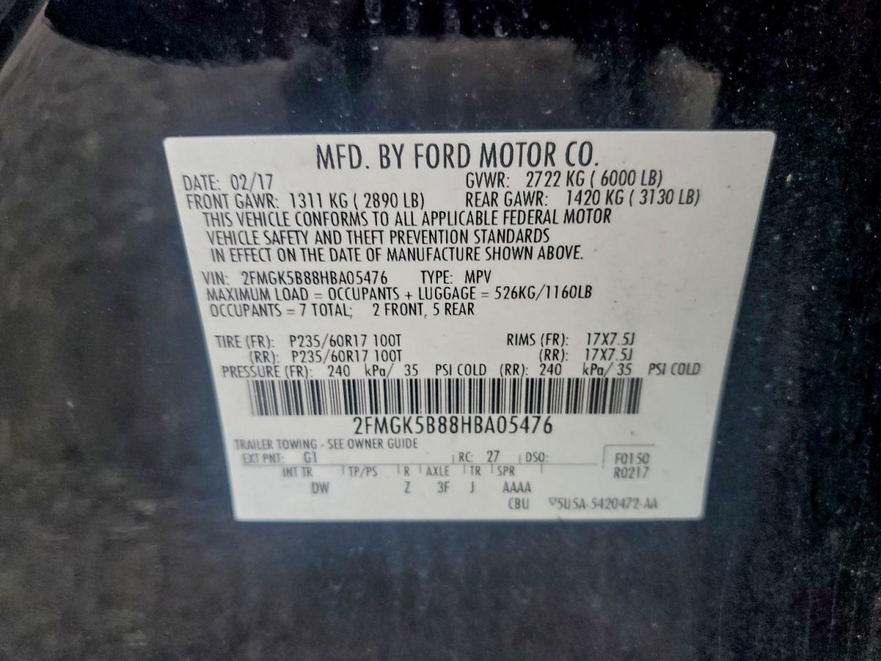 2017 Ford Flex Se VIN: 2FMGK5B88HBA05476 Lot: 94309155