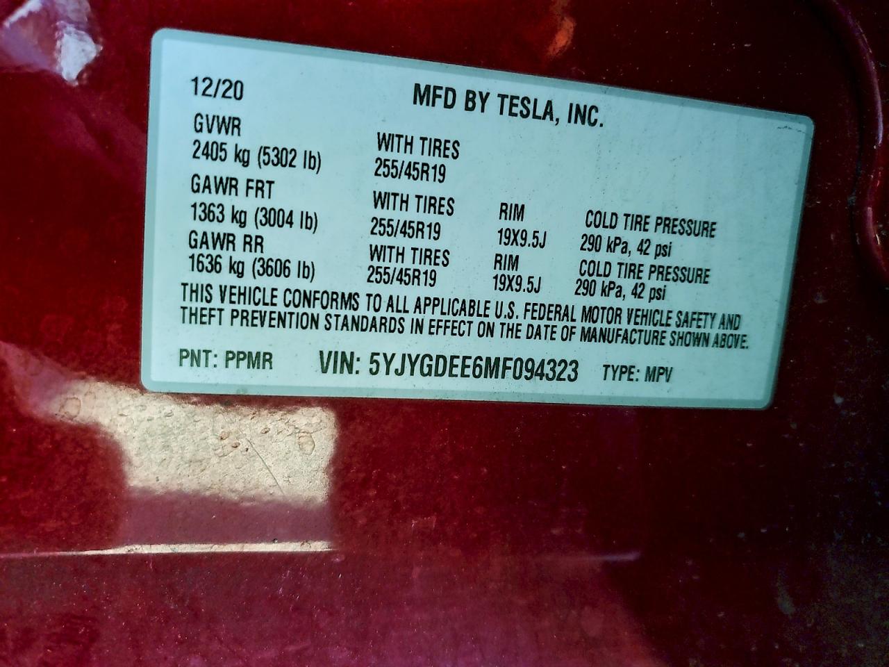 2021 Tesla Model Y VIN: 5YJYGDEE6MF094323 Lot: 93484915