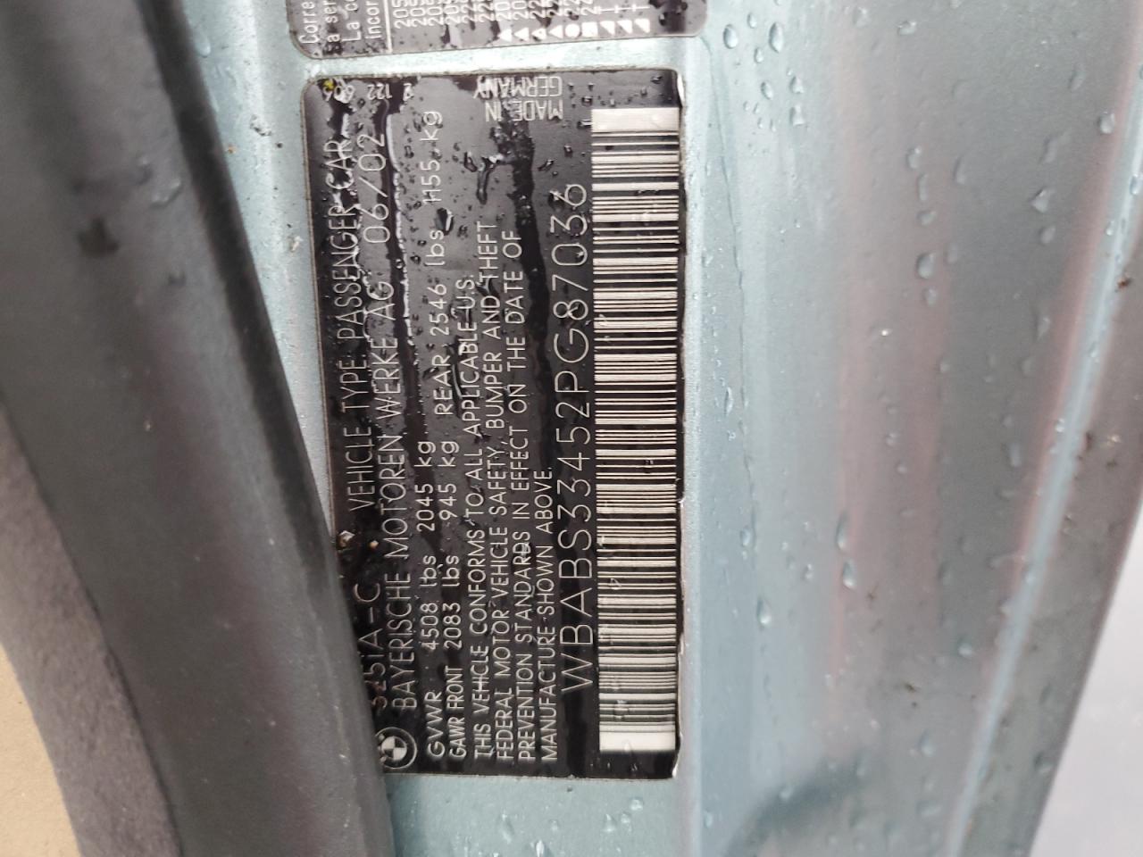 2002 BMW 325 Ci VIN: WBABS33452PG87036 Lot: 86532885