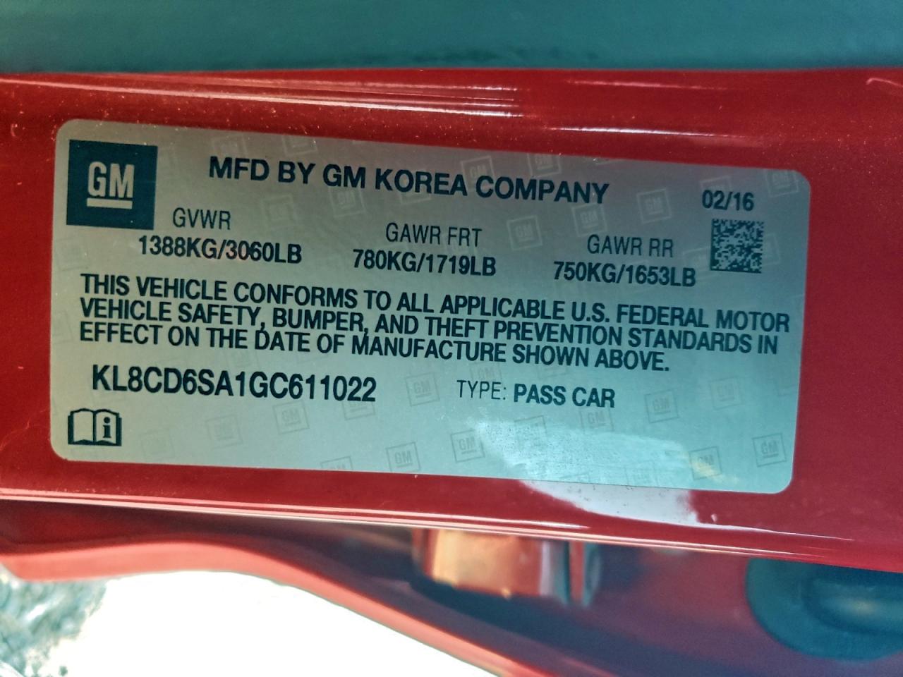 2016 Chevrolet Spark 1Lt VIN: KL8CD6SA1GC611022 Lot: 93469165