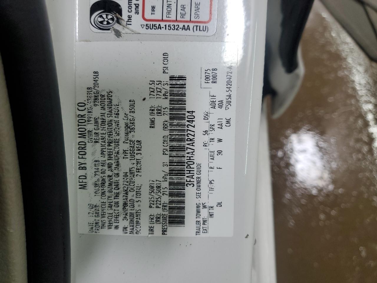 2010 Ford Fusion Se VIN: 3FAHP0HA7AR272404 Lot: 93658995