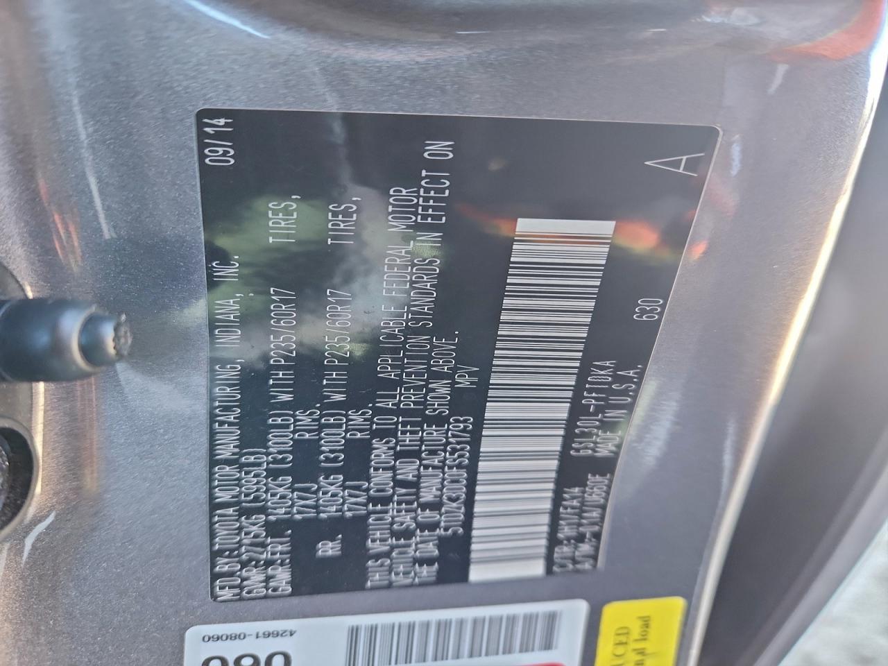 2015 Toyota Sienna VIN: 5TDZK3DC0FS531793 Lot: 93766575