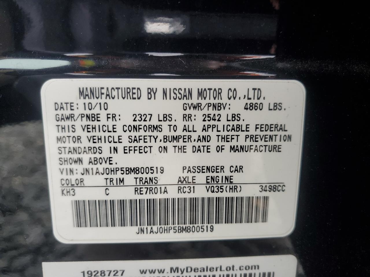 2011 Infiniti Ex35 Base VIN: JN1AJ0HP5BM800519 Lot: 92545965