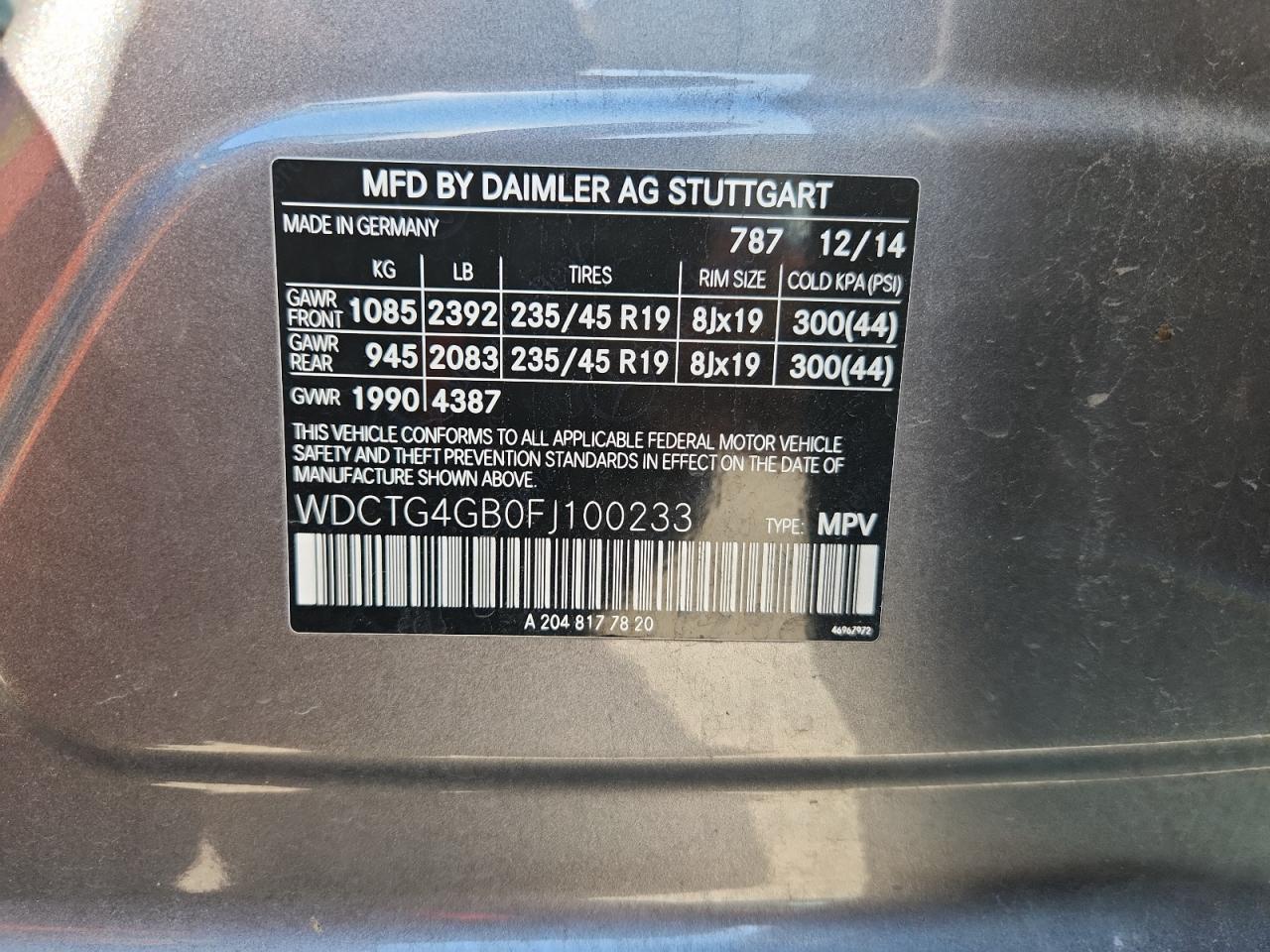 2015 Mercedes-Benz Gla 250 4Matic VIN: WDCTG4GB0FJ100233 Lot: 92400705