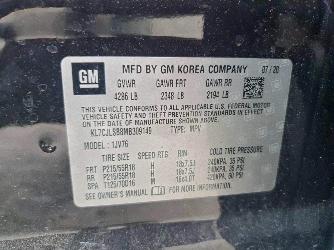 2021 Chevrolet Trax 1Lt VIN: KL7CJLSB8MB309149 Lot: 94884955