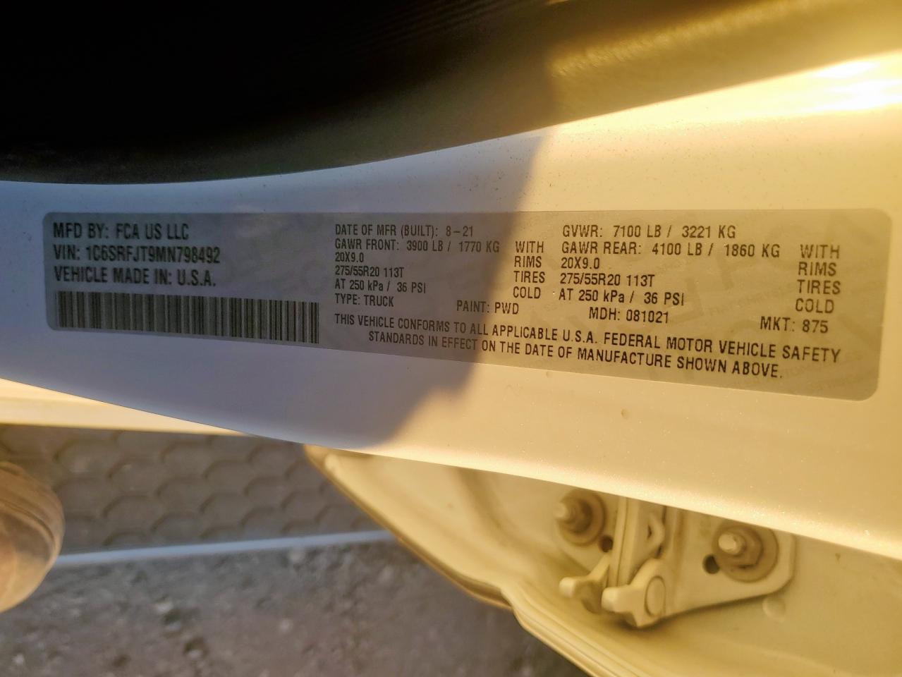 2021 Ram 1500 Laramie VIN: 1C6SRFJT9MN798492 Lot: 91036955