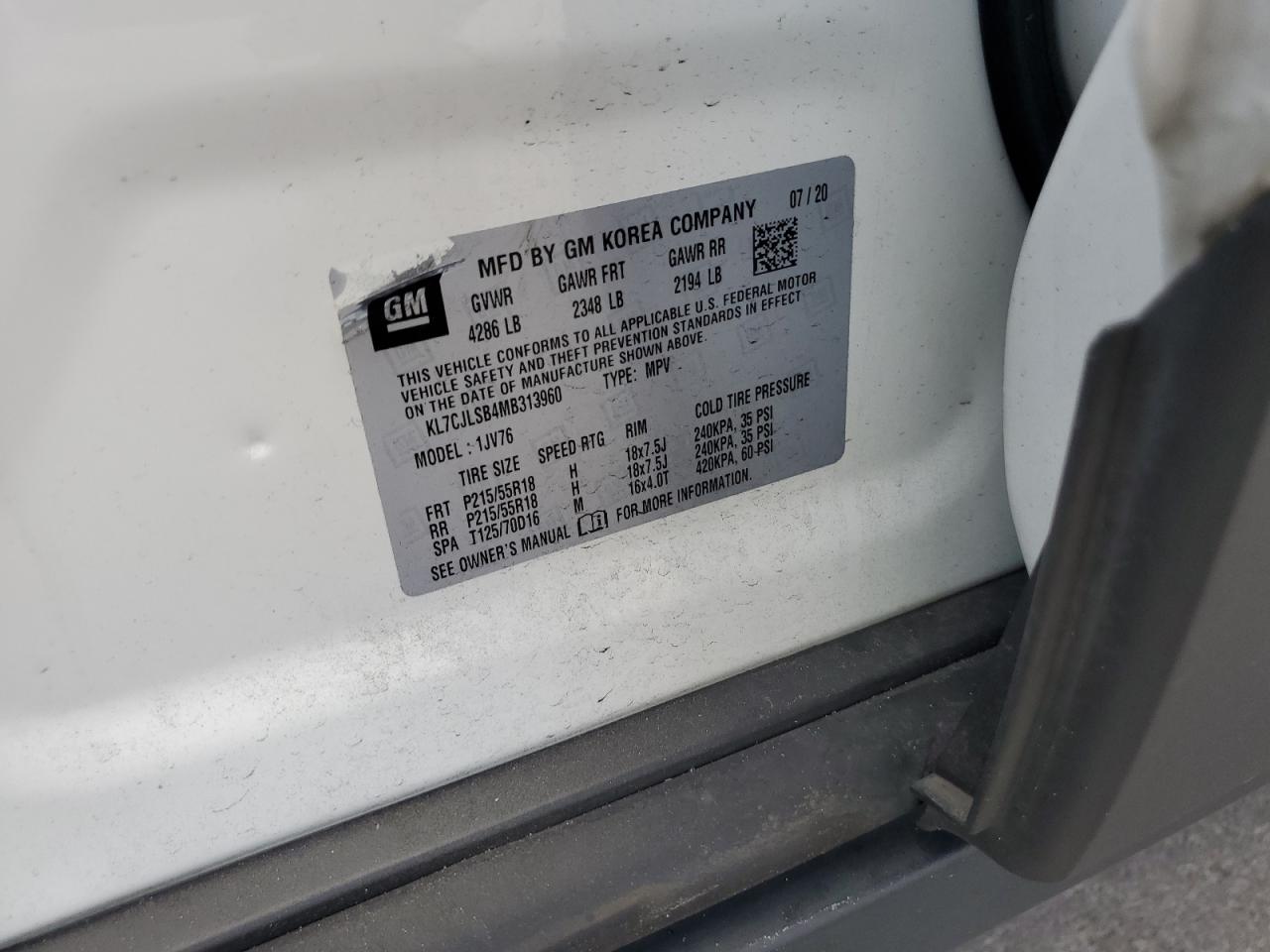 2021 Chevrolet Trax 1Lt VIN: KL7CJLSB4MB313960 Lot: 91395045