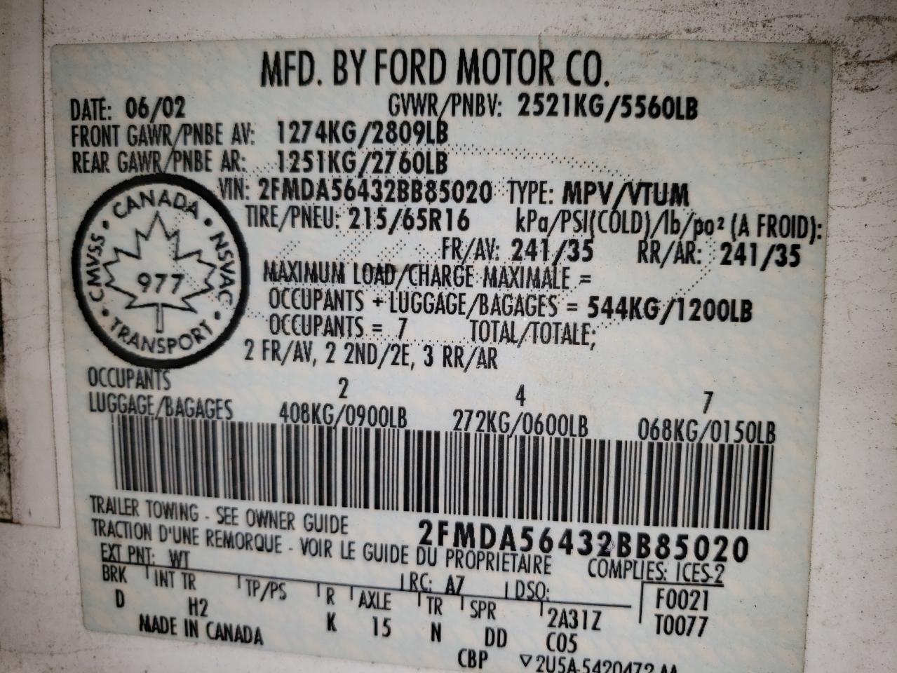 2002 Ford Windstar Sel VIN: 2FMDA56432BB85020 Lot: 93291255