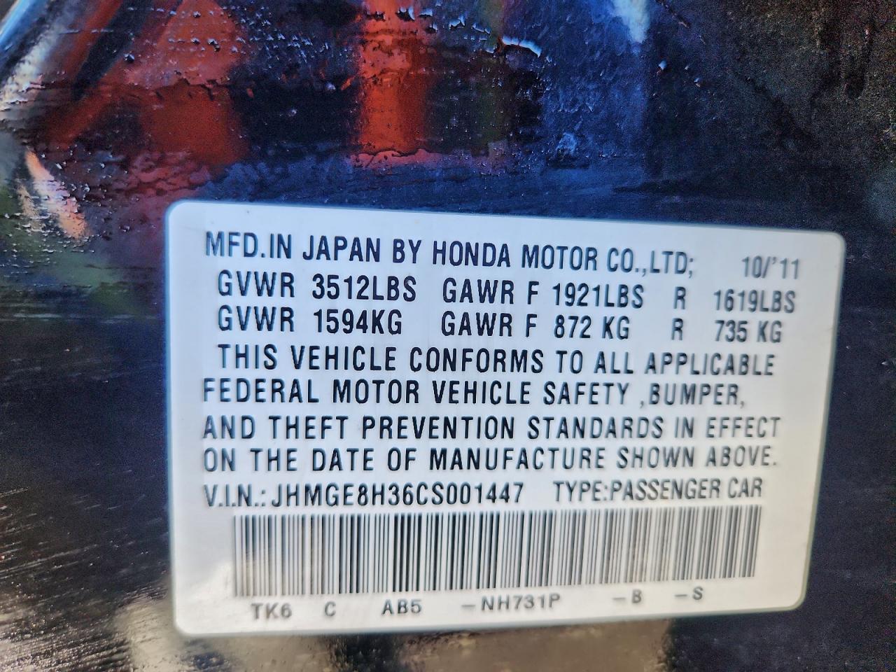 2012 Honda Fit VIN: JHMGE8H36CS001447 Lot: 93853815