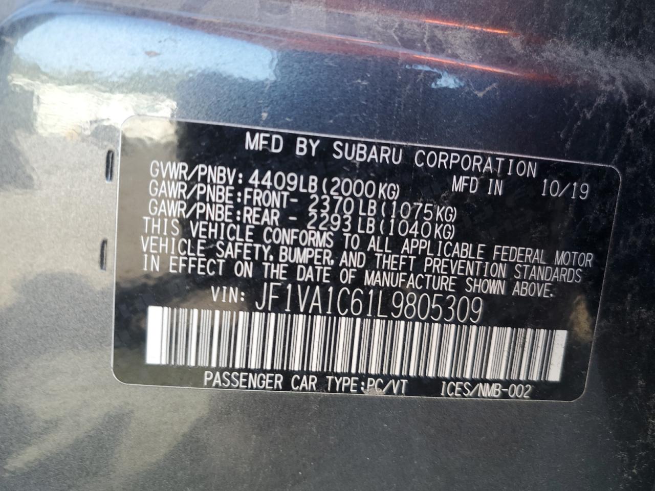 2020 Subaru Wrx Premium VIN: JF1VA1C61L9805309 Lot: 93538485