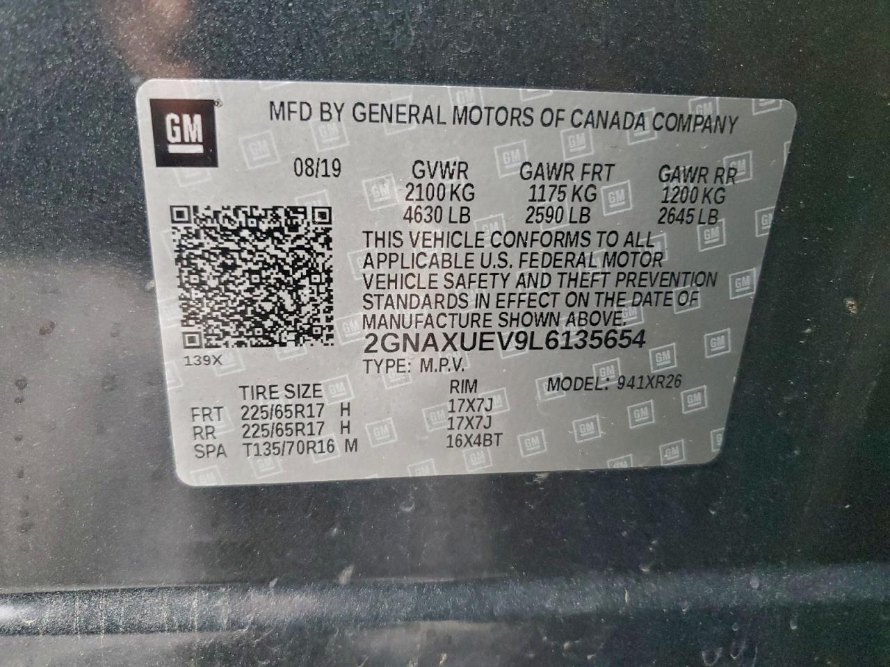 2020 Chevrolet Equinox Lt VIN: 2GNAXUEV9L6135654 Lot: 94264065